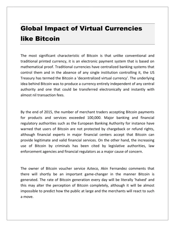 Global Impact of Virtual Currencies like Bitcoin
