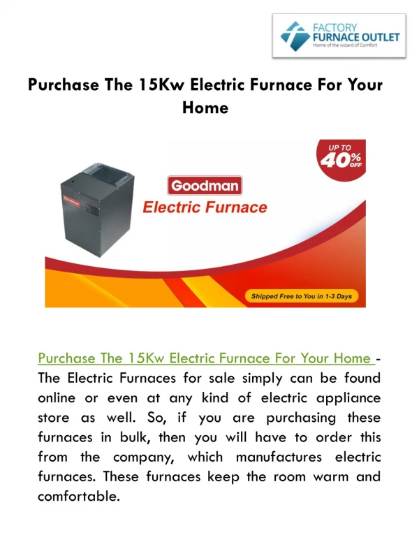 Purchase The 15Kw Electric Furnace For Your Home