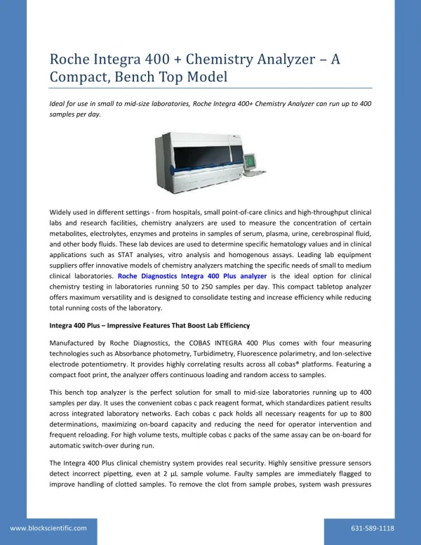Roche Integra 400 Chemistry Analyzer – A Compact, Bench Top Model