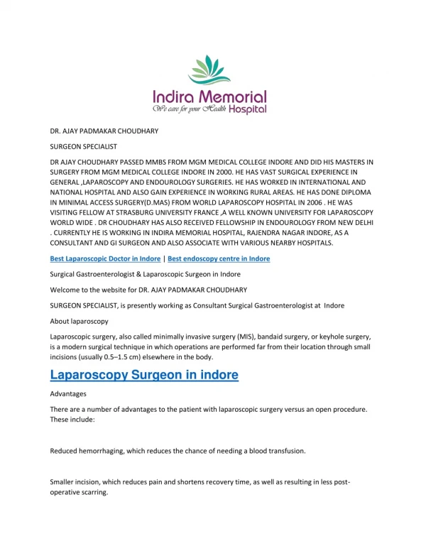 Best Laparoscopic Doctor in Indore | laparoscopic Surgeon Indore
