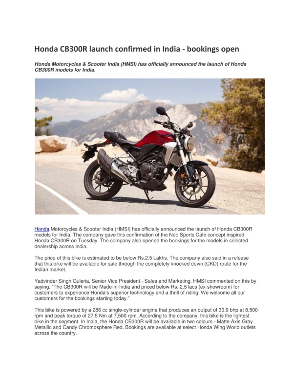 Honda CB300R launch confirmed in India - bookings open