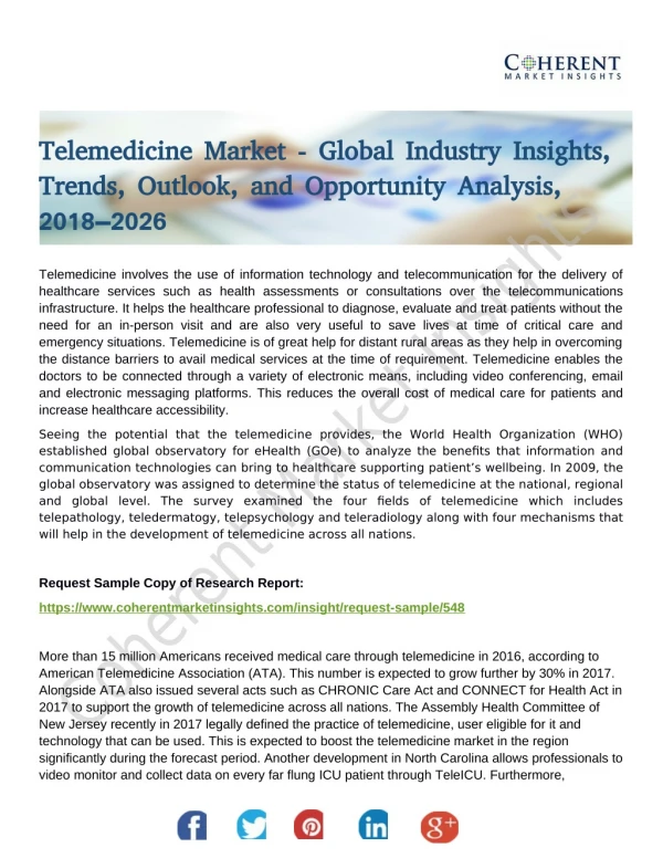 Telemedicine Market Size, Share & Sales Analysis by Manufacturers, Regions, Type and Application 2026