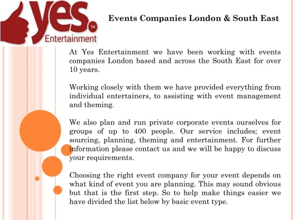Events Companies London & South East