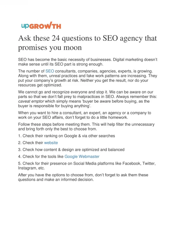 Ask these 24 questions to SEO agency that promises you moon