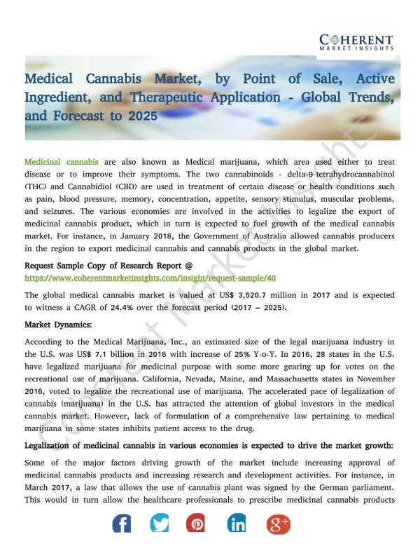 Medical Cannabis Market, by Point of Sale, Active Ingredient, and Therapeutic Application - Global Trends, and Forecast