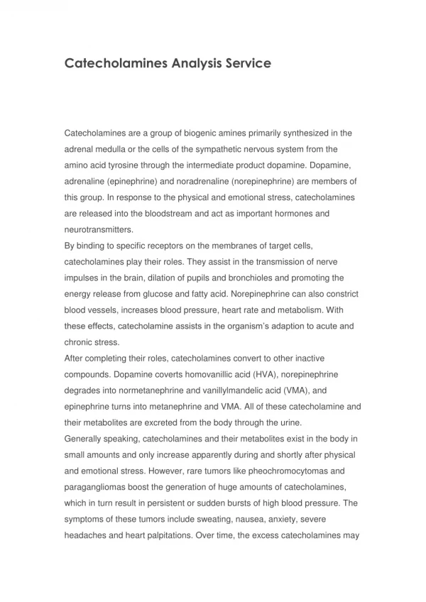 Catecholamines Analysis Service