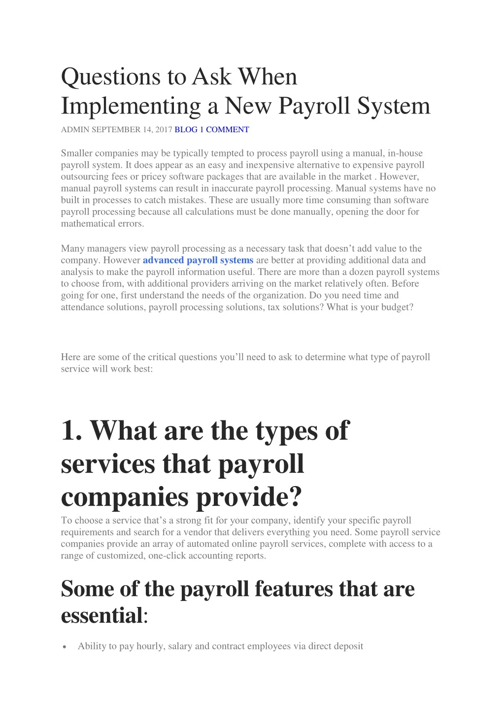 questions to ask when implementing a new payroll