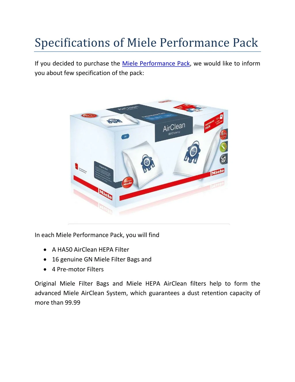 specifications of miele performance pack