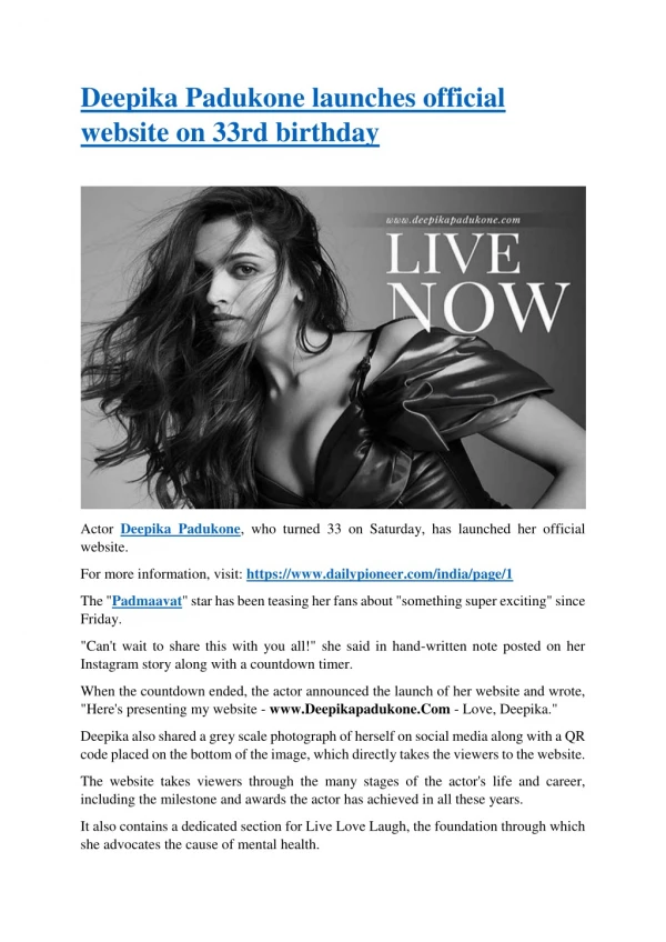Deepika Padukone launches official website on 33rd birthday