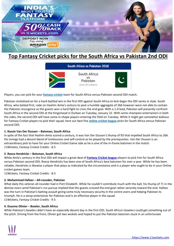 Top Fantasy Cricket picks for the South Africa vs Pakistan 2nd ODI