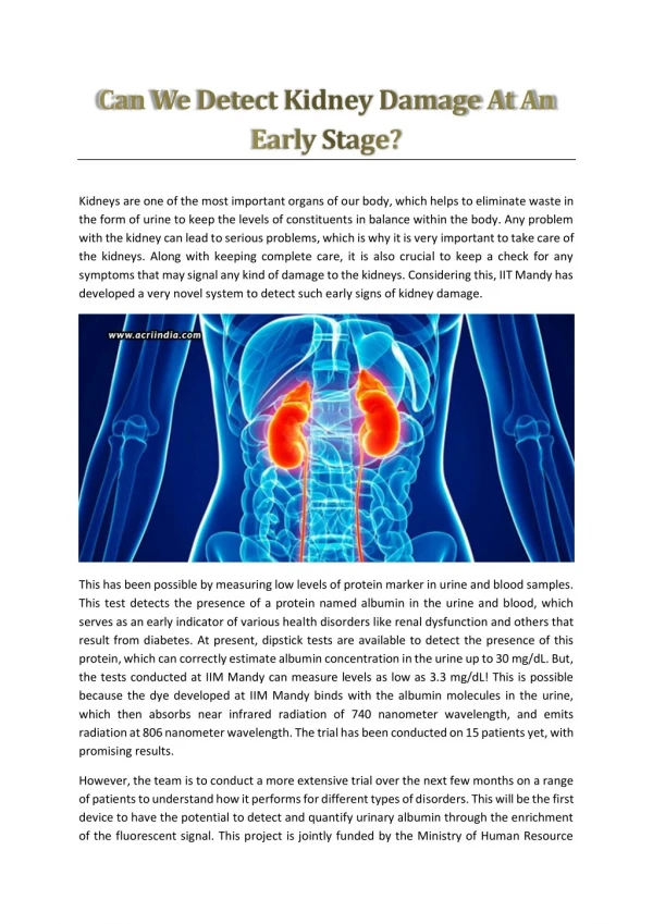 Can We Detect Kidney Damage At An Early Stage - ACRI India