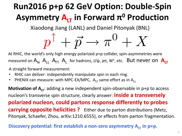 Run2016 p+p 62 GeV Option: Double-Spin Asymmetry A LT in F orward π 0 Production