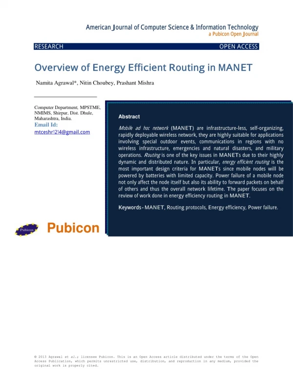 Overview of Energy Efficient Routing in MANET