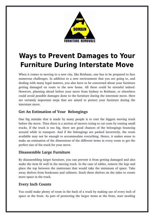 Ways to Prevent Damages to Your Furniture During Interstate Move