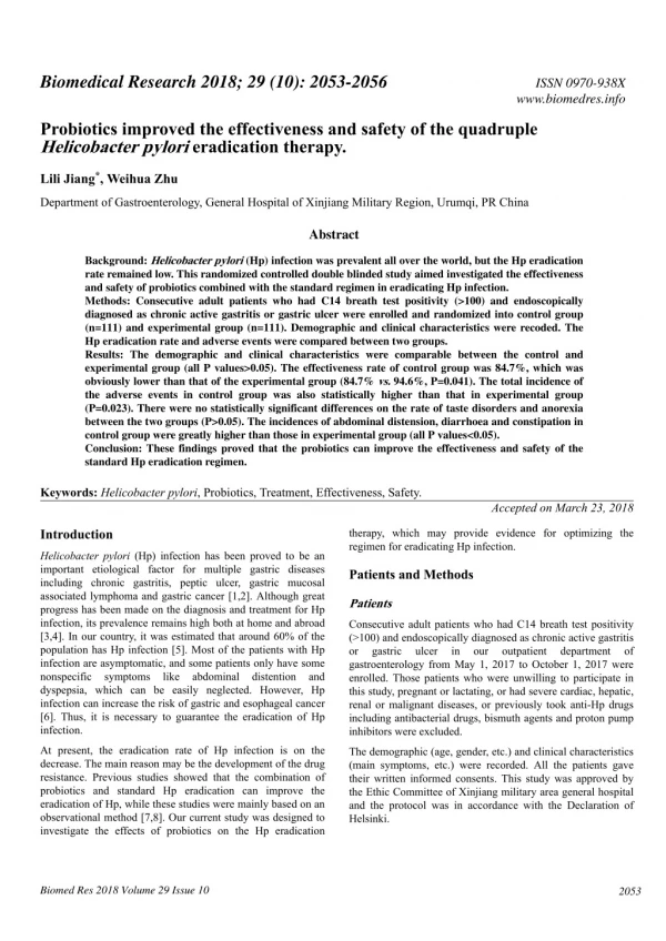 Probiotics improved the effectiveness and safety of the quadruple Helicobacter pylori eradication therapy