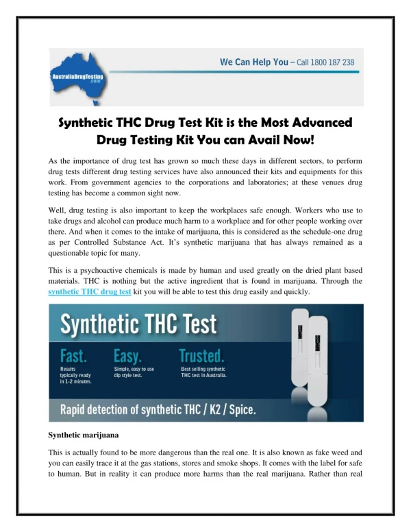 Synthetic THC Drug Test Kit is the Most Advanced Drug Testing Kit You can Avail Now!