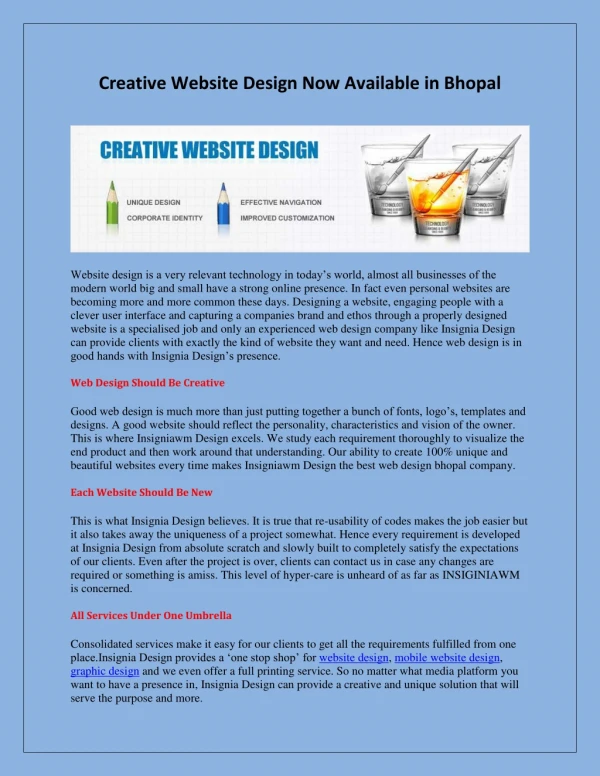 Creative Website Design Now Available in Bhopal