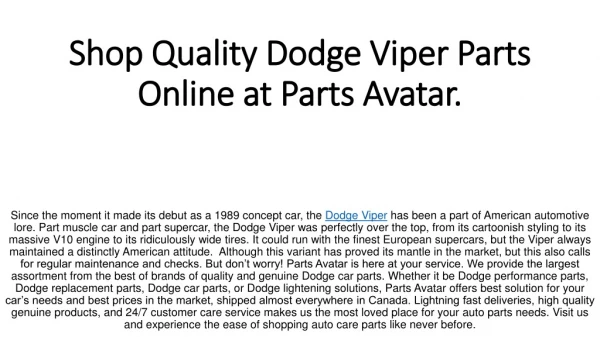 Shop Top Notch Dodge Viper Parts Online at PartsAvatar.