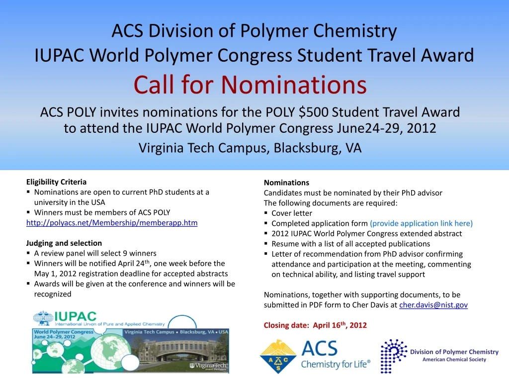 acs division of polymer chemistry iupac world polymer congress student travel award