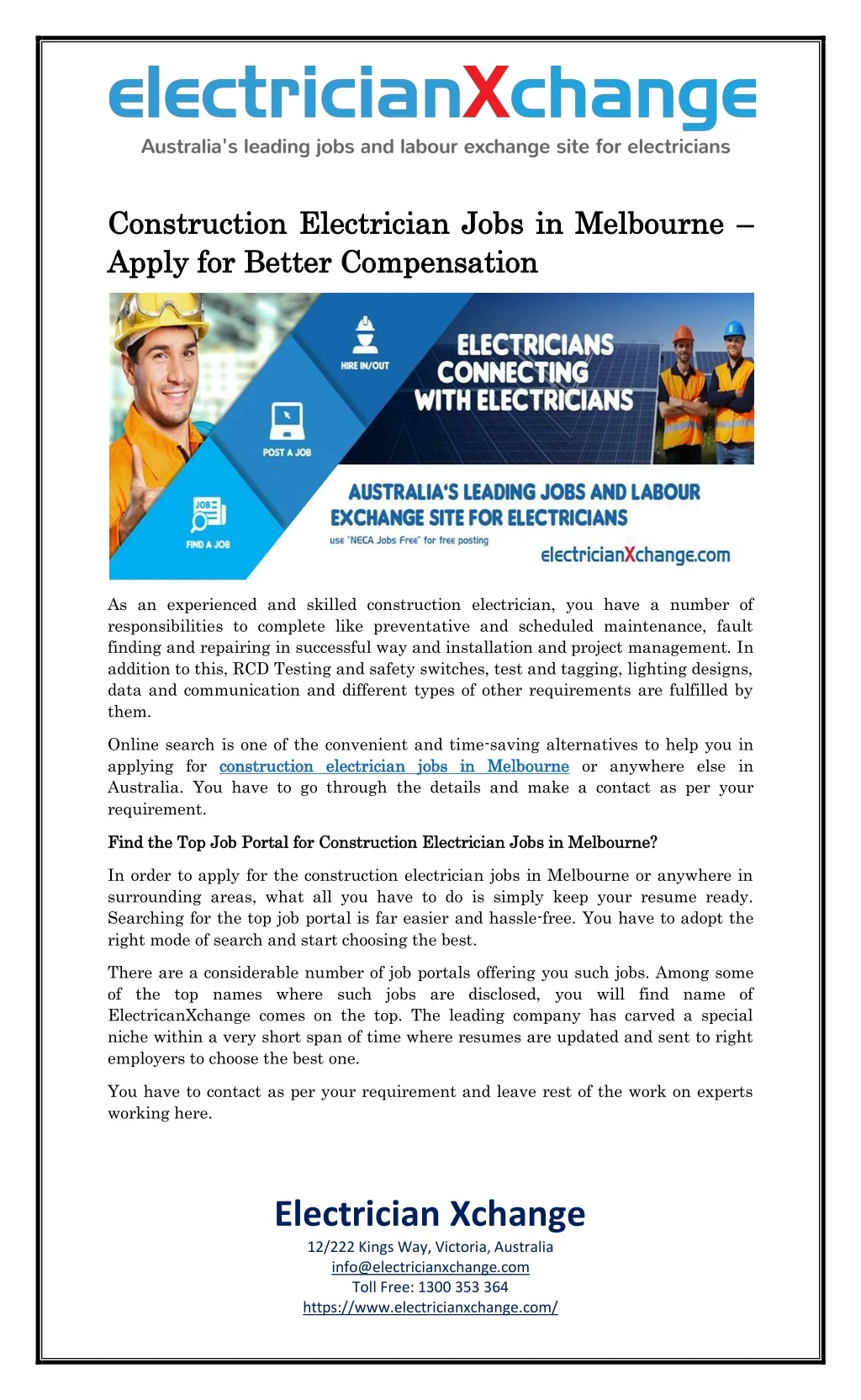 construction electrician jobs in melbourne