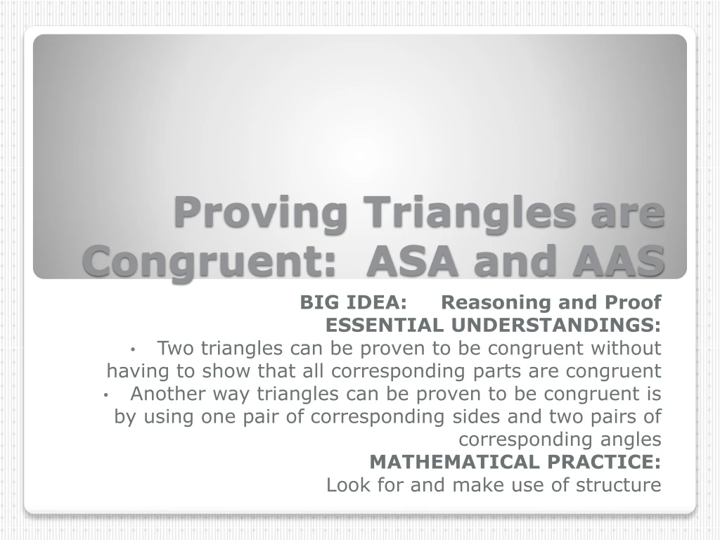 Ppt Proving Triangles Are Congruent Asa And Aas Powerpoint Presentation Id8155006 6229