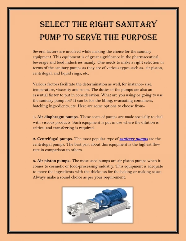 Select The Right Sanitary Pump To Serve The Purpose