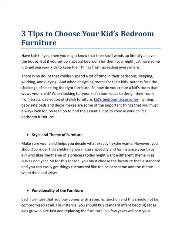 3 Tips to Choose Your Kid’s Bedroom Furniture