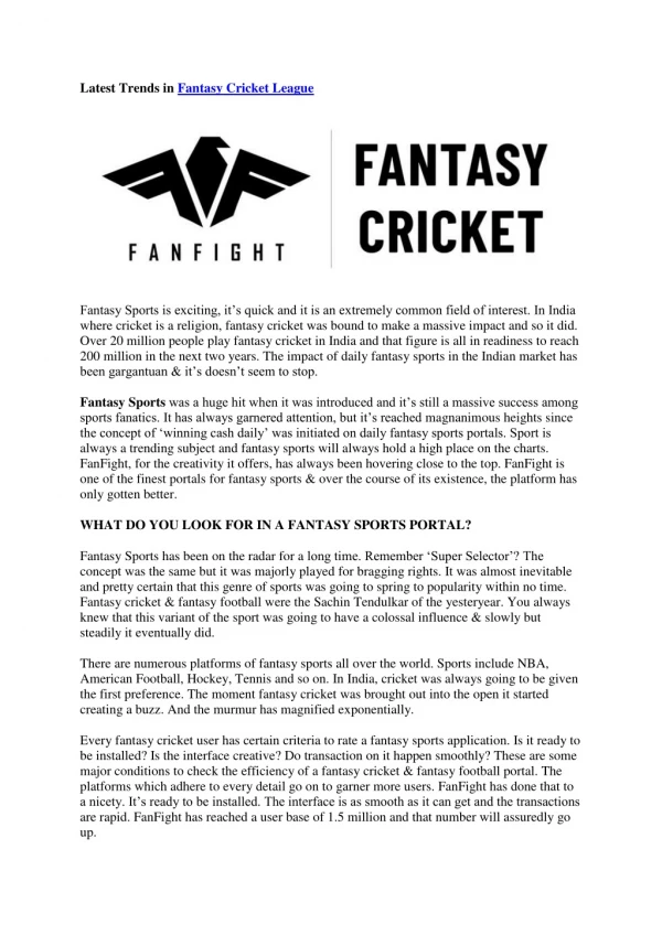 Latest Trends of Fantasy Cricket Leagues in India - FanFight