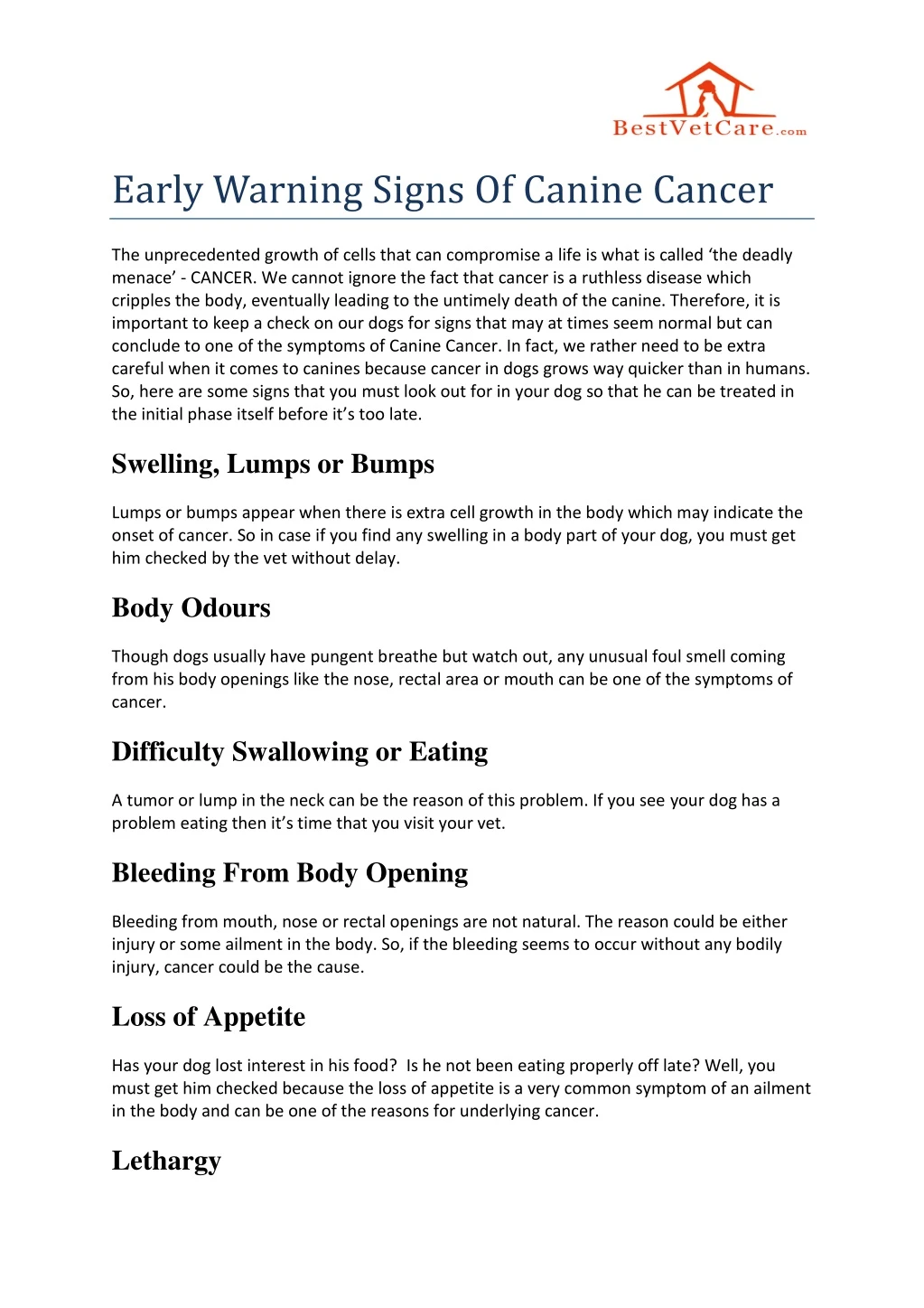 early warning signs of canine cancer