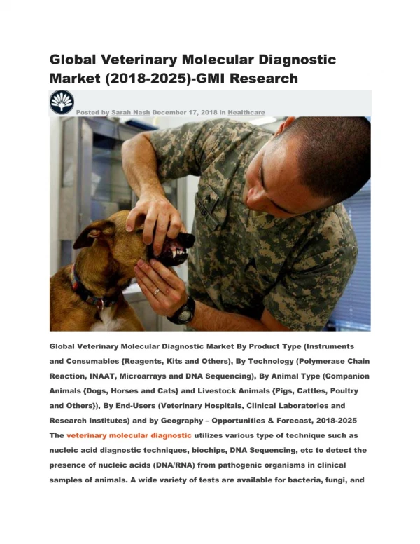 Global Veterinary Molecular Diagnostic Market (2018-2025)-GMI Research