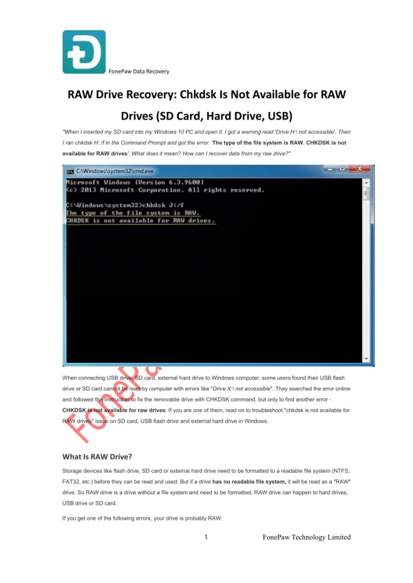 RAW Drive Recovery: Chkdsk Is Not Available for RAW Drives (SD Card, Hard Drive, USB)