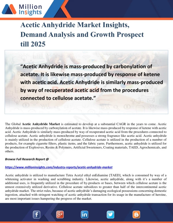 Acetic Anhydride Market Insights, Demand Analysis and Growth Prospect till 2025