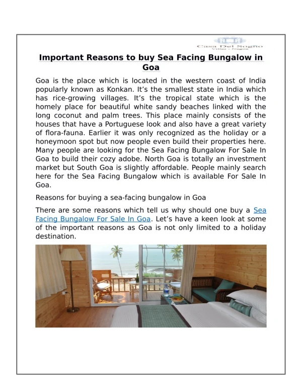 Important Reasons to buy Sea Facing Bungalow in Goa