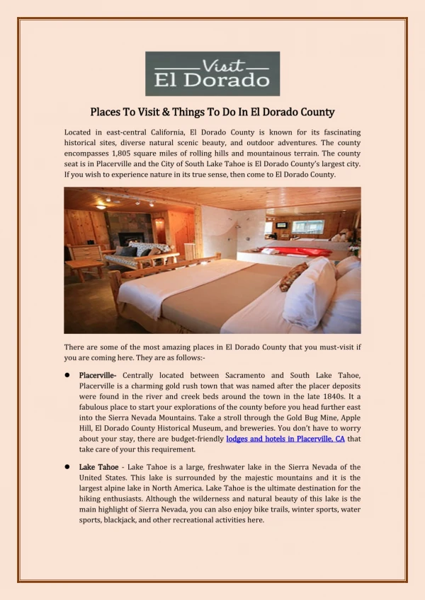 Find The Luxury Hotels In Placerville CA