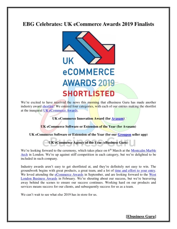EBG Celebrates: UK eCommerce Awards 2019 Finalists