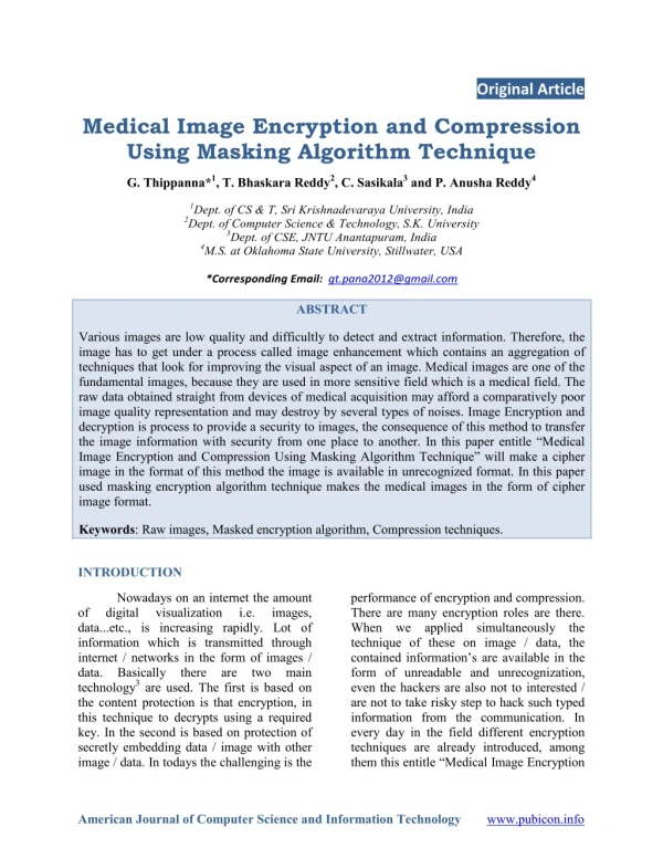 Medical Image Encryption and Compression Using Masking Algorithm Technique