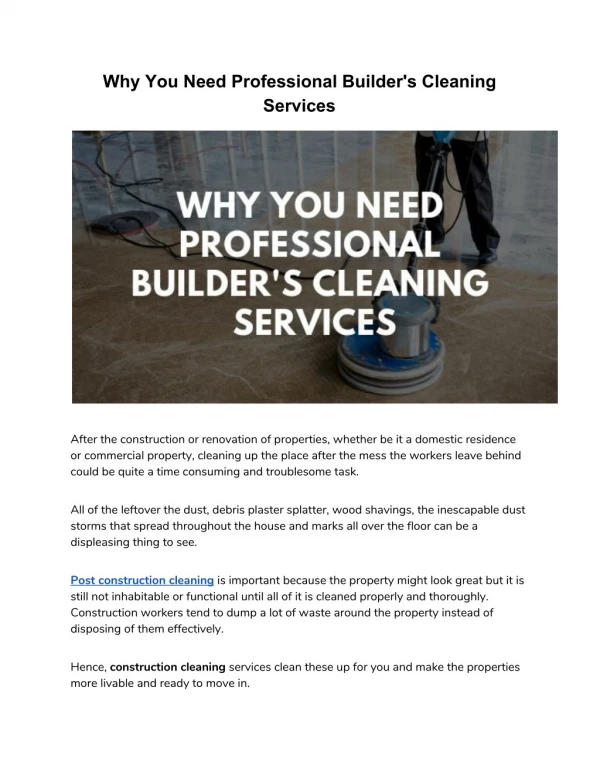 Reasons One Should Hire Only Expert Builder Clean Services