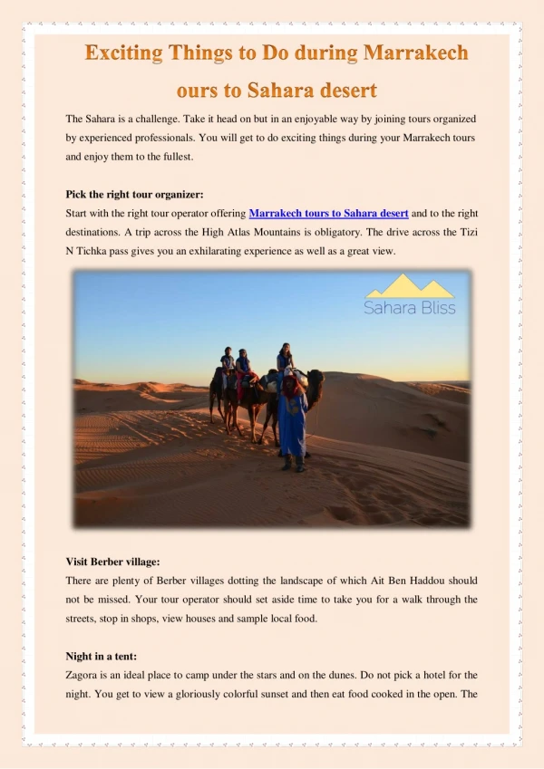 Exciting Things to Do during Marrakech ours to Sahara desert