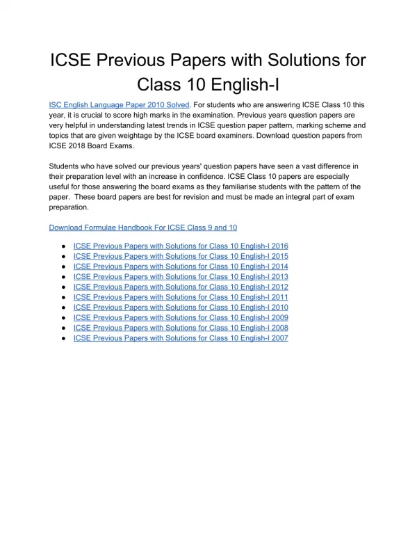 ICSE Previous Papers with Solutions for Class 10 English-I