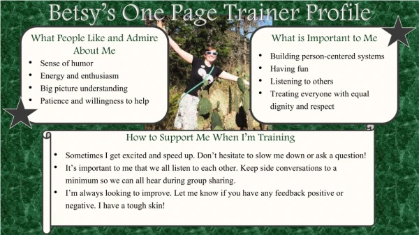 Betsy’s One Page Trainer Profile