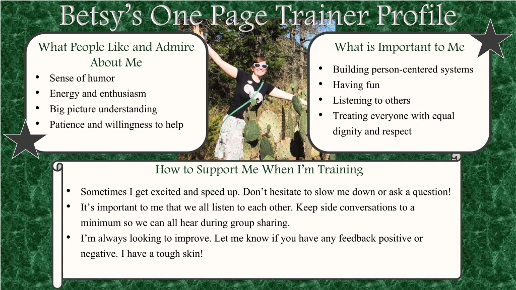 betsy s one page trainer profile