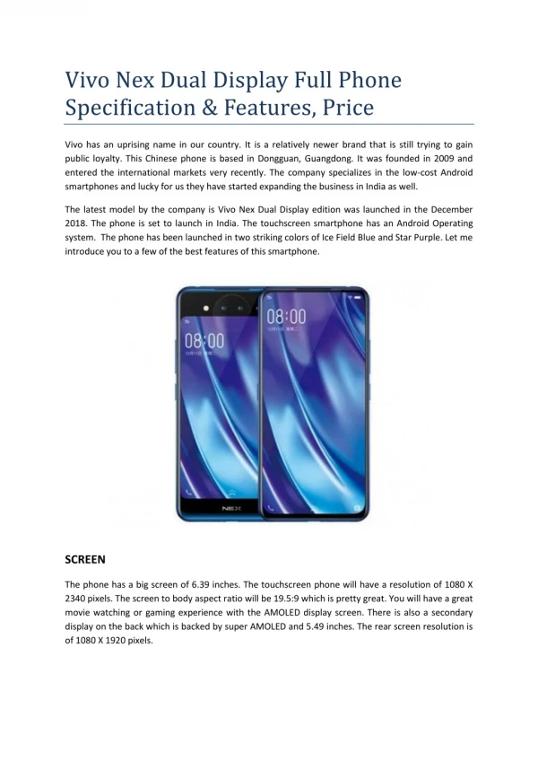 Vivo Nex Dual Display Full Phone Specification & Features, Price