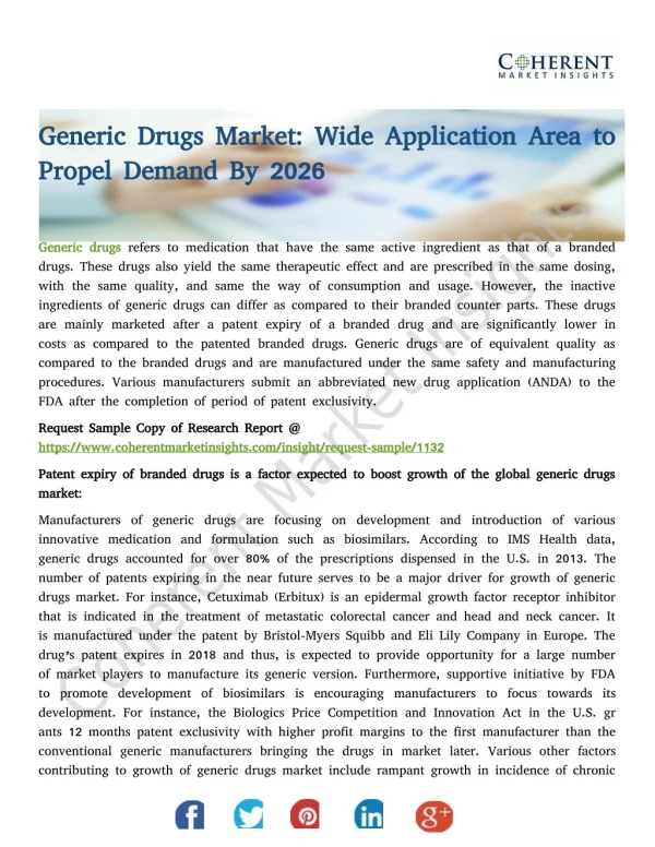 Generic Drugs Market: Wide Application Area to Propel Demand By 2026