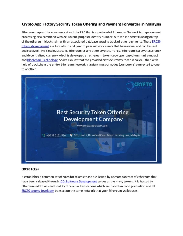 Crypto App Factory Security Token Offering and Payment Forwarder in Malaysia