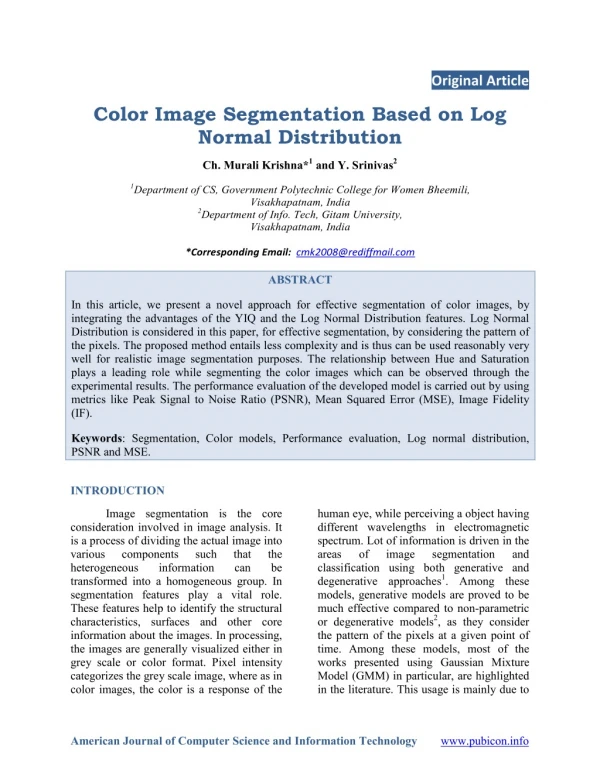 Color Image Segmentation Based on Log Normal Distribution