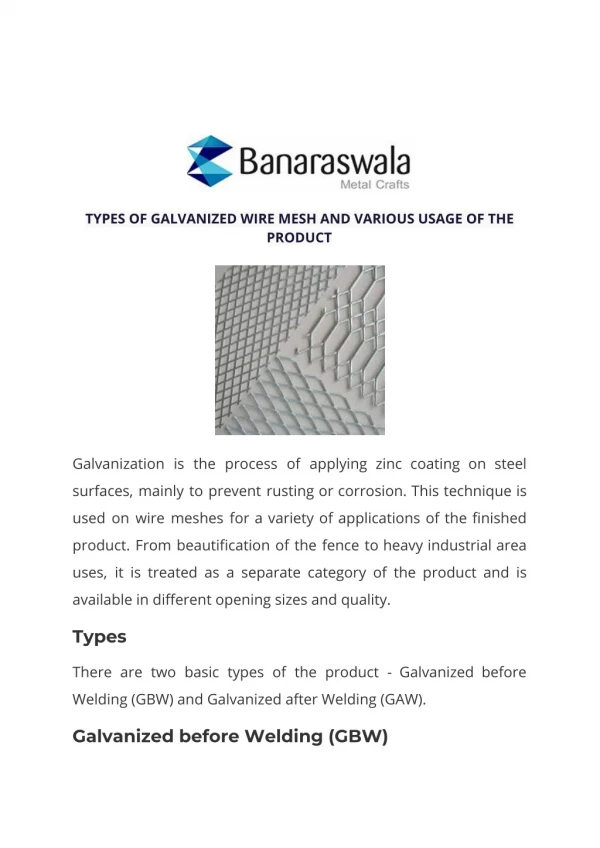 TYPES OF GALVANIZED WIRE MESH AND VARIOUS USAGE OF THE PRODUCT