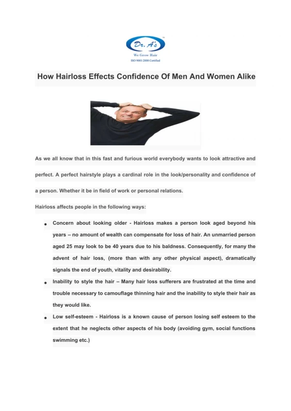 How Hairloss Effects Confidence Of Men And Women Alike