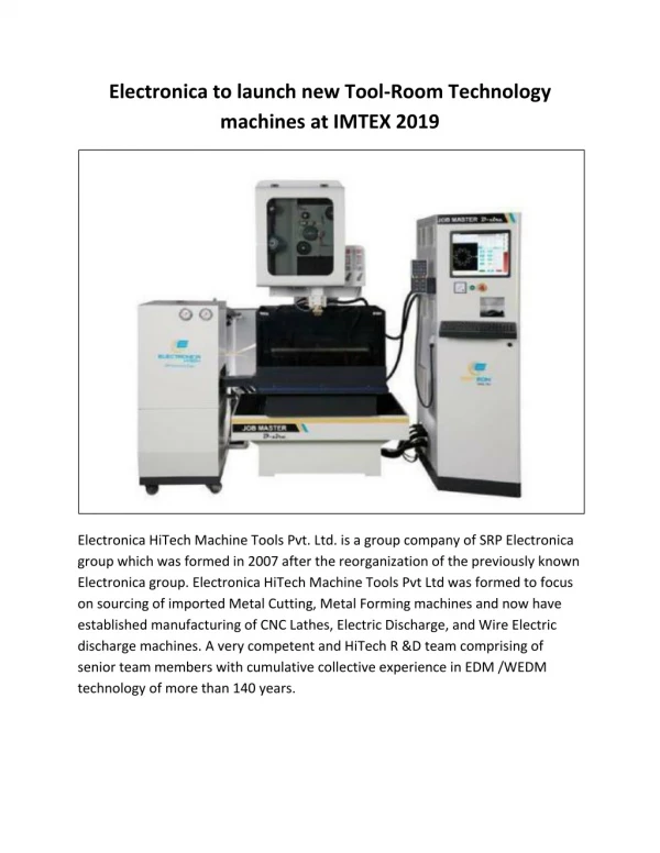 Electronica to launch new Tool-Room Technology machines at IMTEX 2019