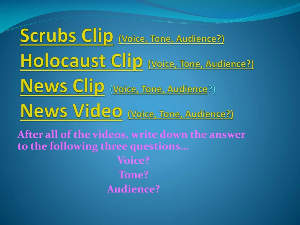 after all of the videos write down the answer to the following three questions voice tone audience