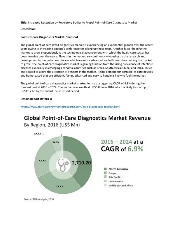 Point-of-care Diagnostics Market is Linked to Rise at Staggering CAGR of 6.9% During the Forecast Period 2016 – 2024